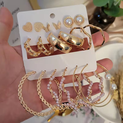 Gold Hoop Earrings Set – 9-Piece Chunky & Twisted Geometric Hoops for Women