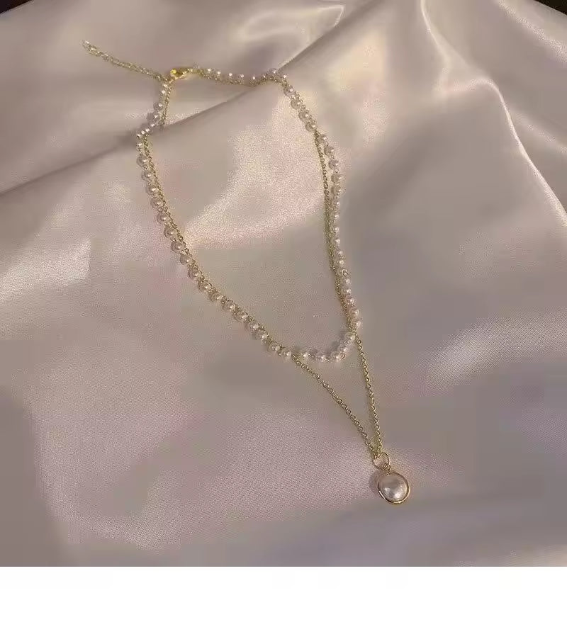 Retro Simple Titanium Steel Short Double Layer Pearl Necklace