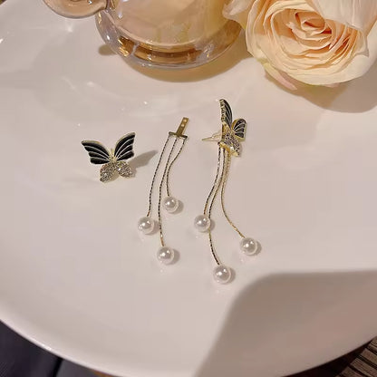 Black Butterfly Tassel Earrings – Elegant Long Chain with Pearl Studs