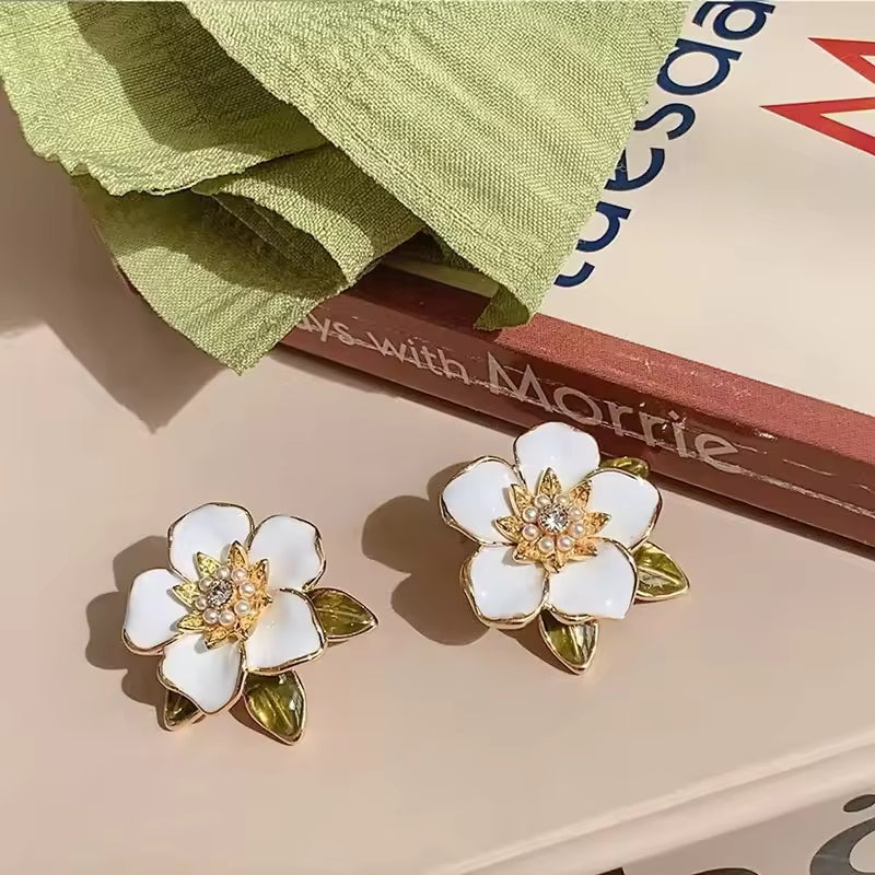 Gold Plated Camellia Stud Earrings – Elegant Enamel Flower with Small Pearl Center