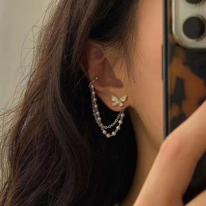Butterfly Pearl Tassel Ear Clip – Elegant One-Piece Chain Ear Bone Cuff