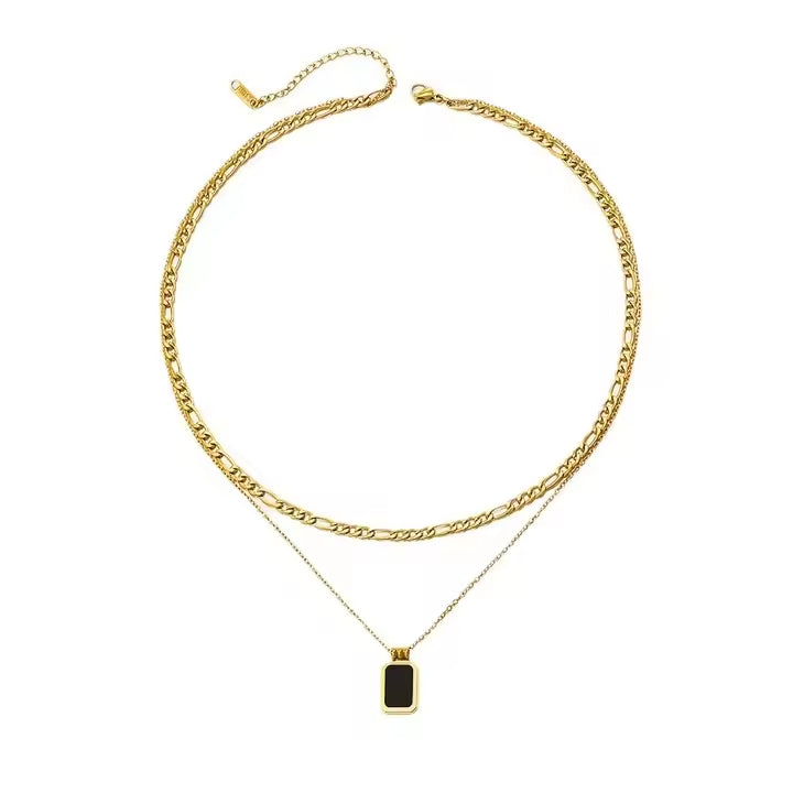 Double Layer Gold Plate Stainless Steel Necklace Black Square Pendant
