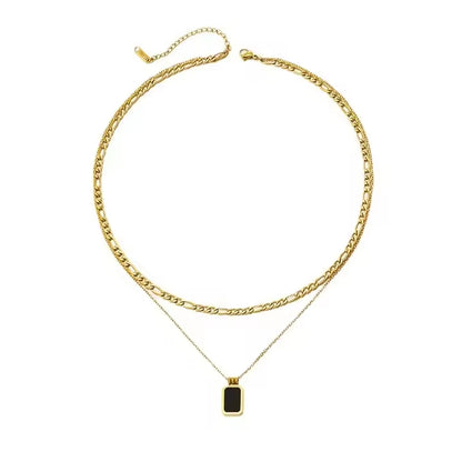 Double Layer Gold Plate Stainless Steel Necklace Black Square Pendant