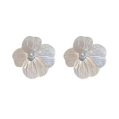 Metal Simple Four Petal Flower Premium Earrings (White) – Elegant Floral Studs for a Classic Look