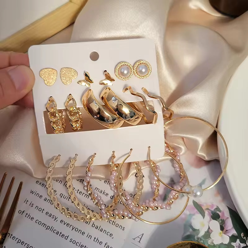 Gold Hoop Earrings Set – 9-Piece Chunky & Twisted Geometric Hoops for Women