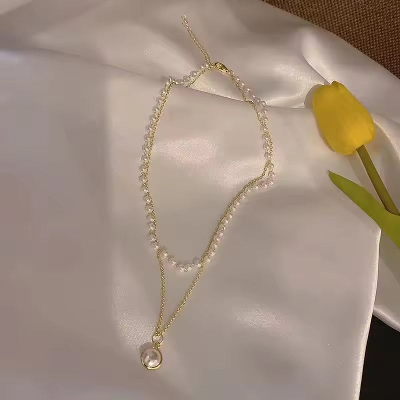 Retro Simple Titanium Steel Short Double Layer Pearl Necklace