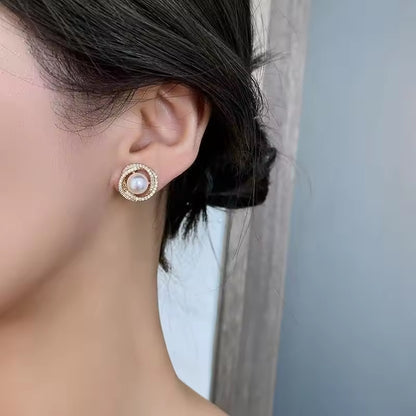 Floral Pearl Zircon Earrings – Elegant Gold Color Studs for Women