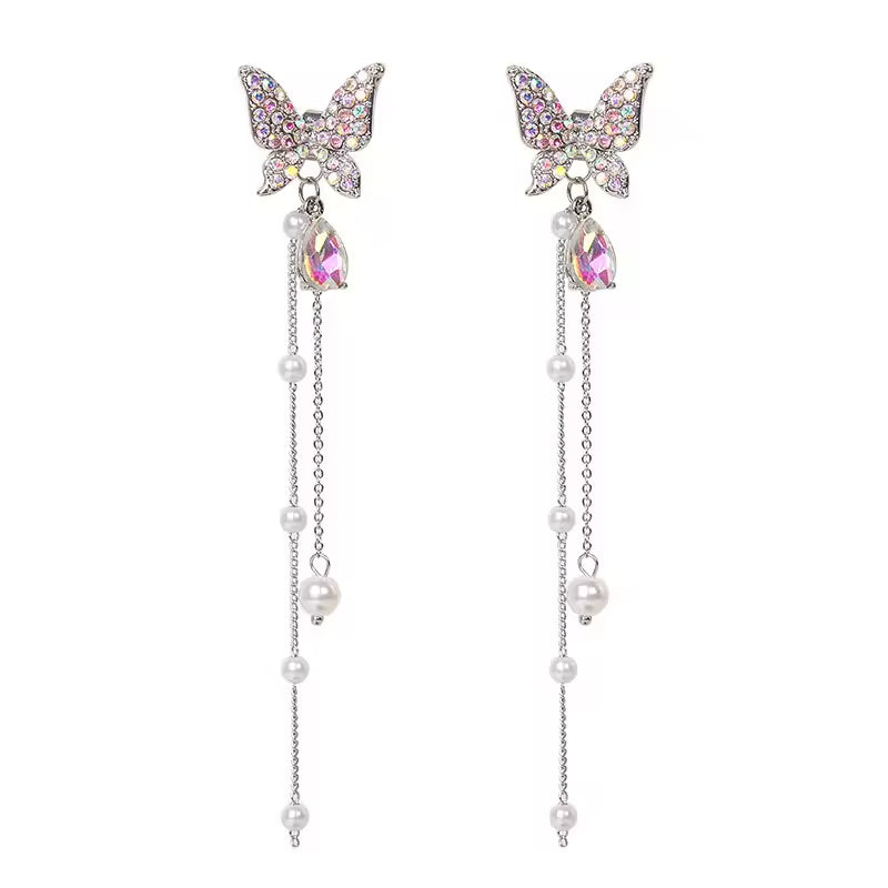Purple Butterfly Pearl Tassel Earrings – Elegant Sparkle in Silver
