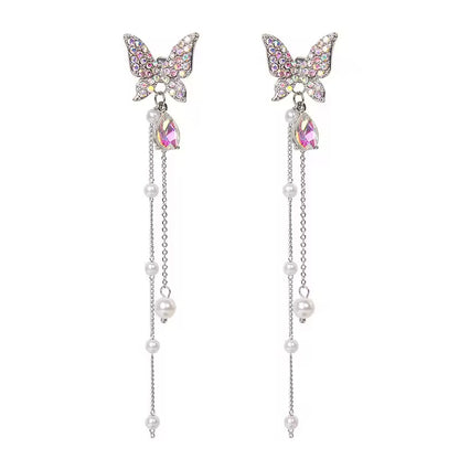 Purple Butterfly Pearl Tassel Earrings – Elegant Sparkle in Silver