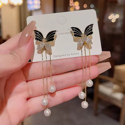 Black Butterfly Tassel Earrings – Elegant Long Chain with Pearl Studs