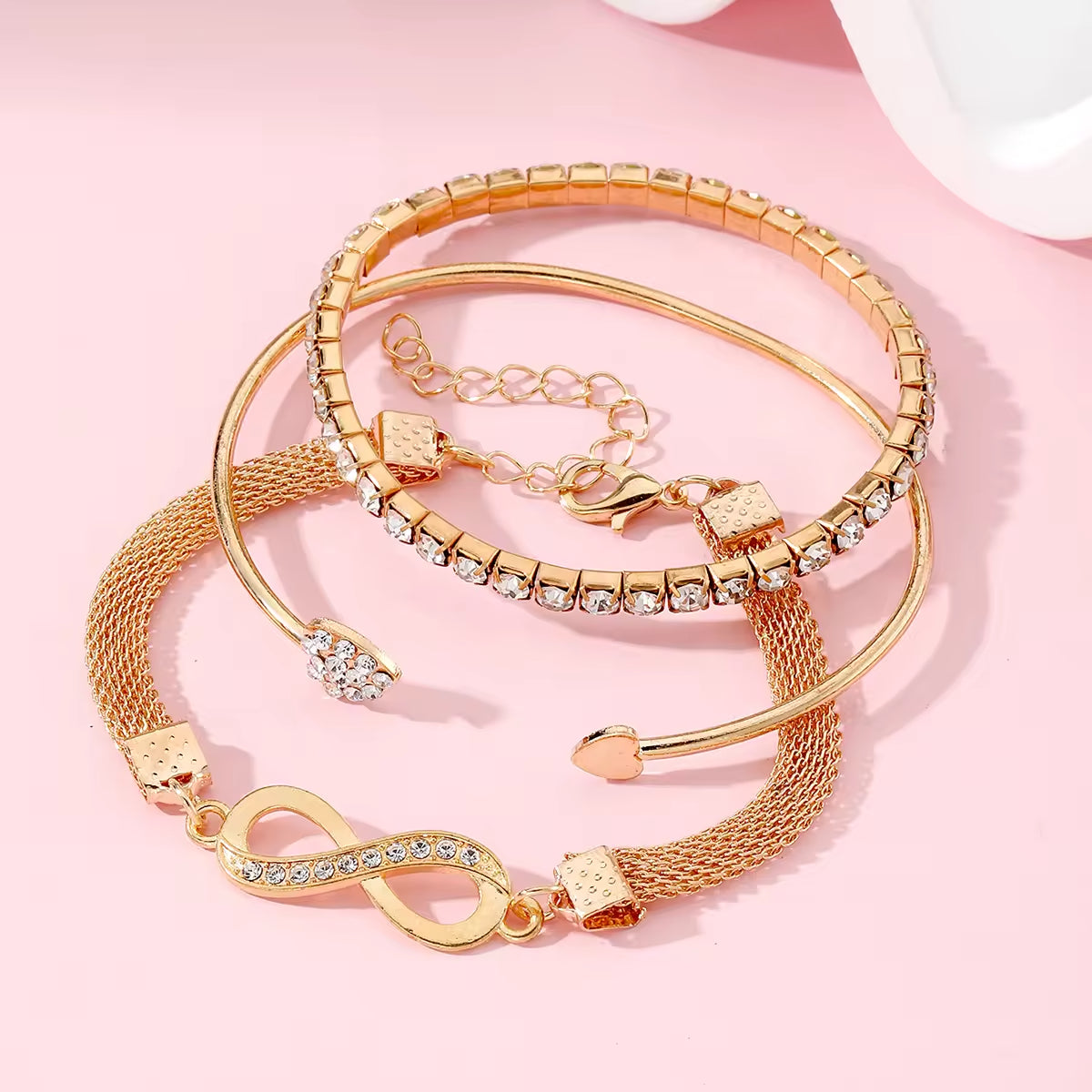 Crystal Peach Heart Bangle Bracelet Set – 3-Piece Sparkling Charm Set for Women & Girls