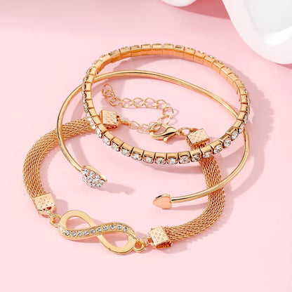 Crystal Peach Heart Bangle Bracelet Set – 3-Piece Sparkling Charm Set for Women & Girls