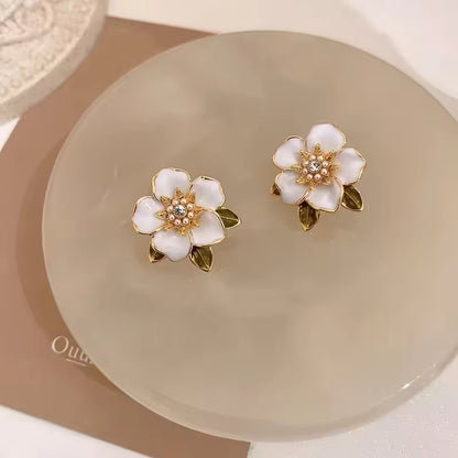 Gold Plated Camellia Stud Earrings – Elegant Enamel Flower with Small Pearl Center