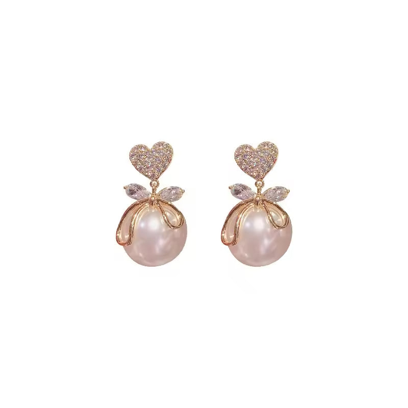 Delicate Gold Bow Heart Zircon Earrings – Elegant Colored Pearl Drop Design