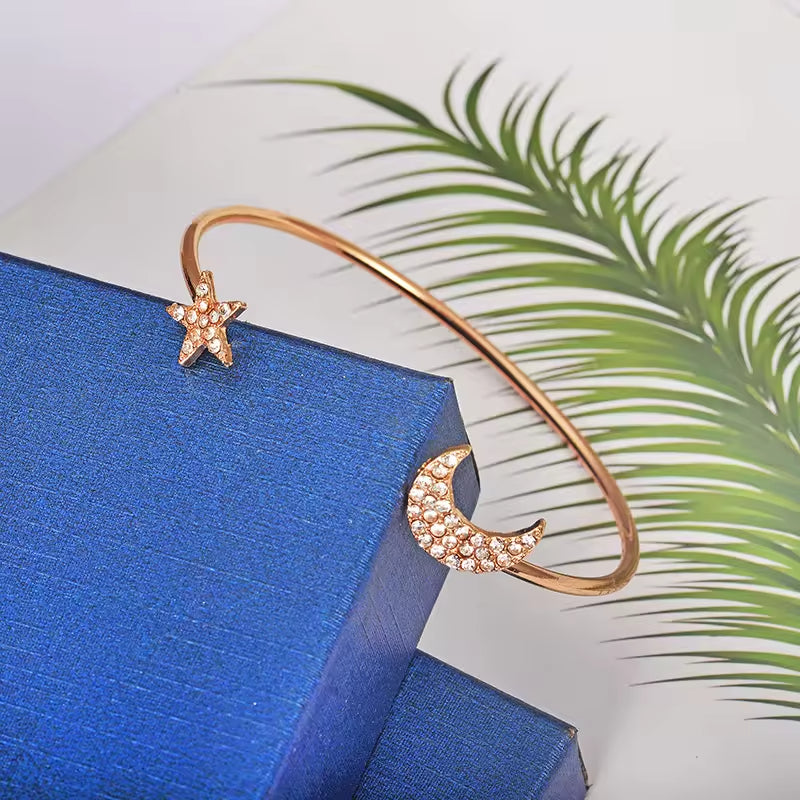 Crystal Moon & Star Bracelet Set – 4-Piece Open Cuff Design