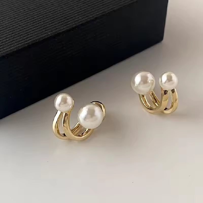 Korean Claw Ear Hook Clip Earrings – Elegant Gold-Toned Design with Dual Big Pearls for Women