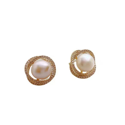 Floral Pearl Zircon Earrings – Elegant Gold Color Studs for Women