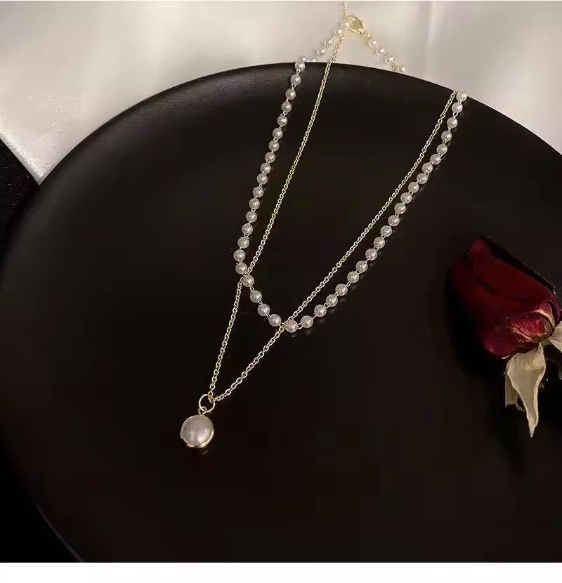 Retro Simple Titanium Steel Short Double Layer Pearl Necklace