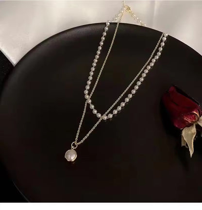 Retro Simple Titanium Steel Short Double Layer Pearl Necklace