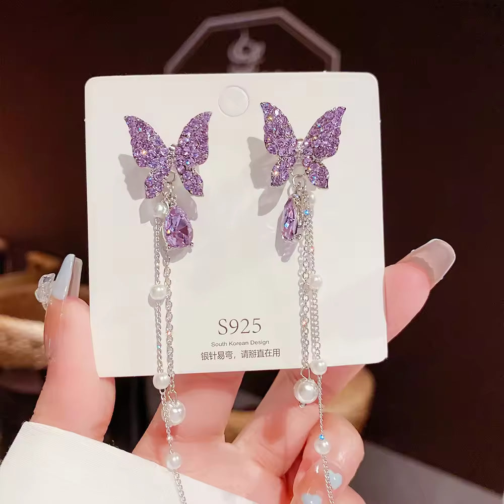 Purple Butterfly Pearl Tassel Earrings – Elegant Sparkle in Silver