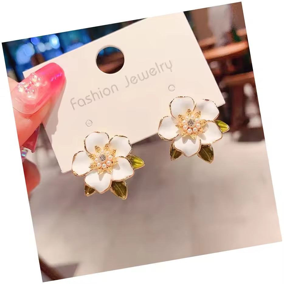 Gold Plated Camellia Stud Earrings – Elegant Enamel Flower with Small Pearl Center