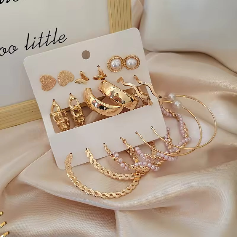 Gold Hoop Earrings Set – 9-Piece Chunky & Twisted Geometric Hoops for Women