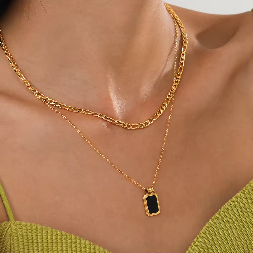 Double Layer Gold Plate Stainless Steel Necklace Black Square Pendant