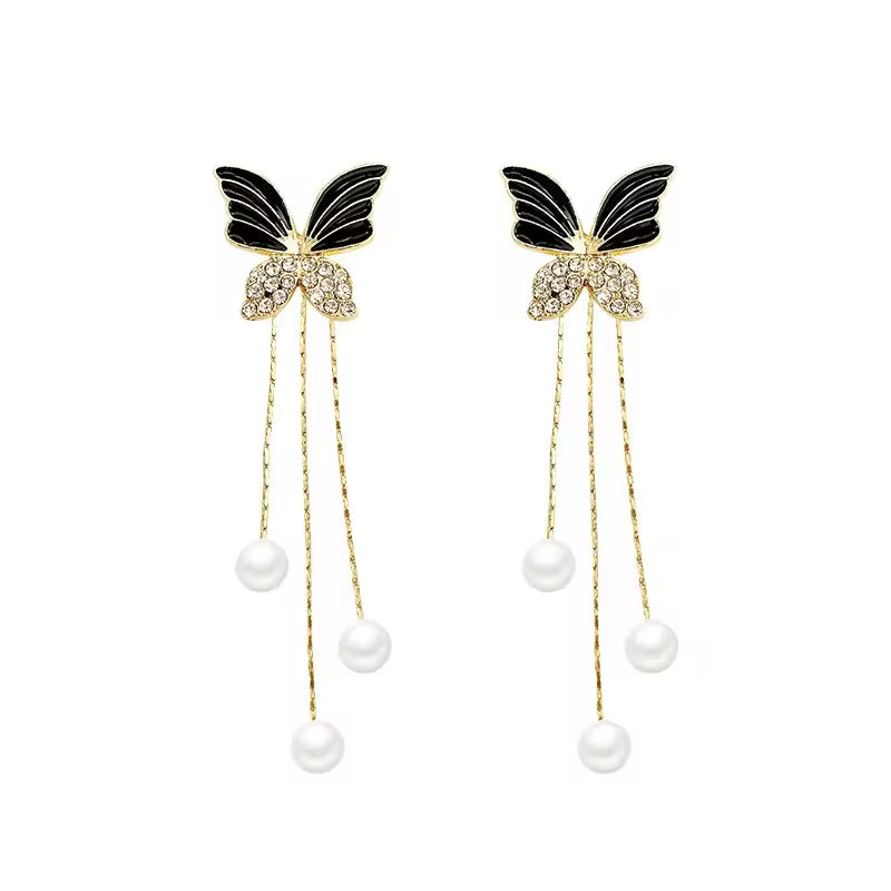 Black Butterfly Tassel Earrings – Elegant Long Chain with Pearl Studs