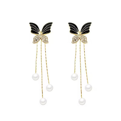 Black Butterfly Tassel Earrings – Elegant Long Chain with Pearl Studs