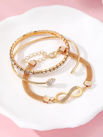 Crystal Peach Heart Bangle Bracelet Set – 3-Piece Sparkling Charm Set for Women & Girls