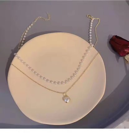 Retro Simple Titanium Steel Short Double Layer Pearl Necklace