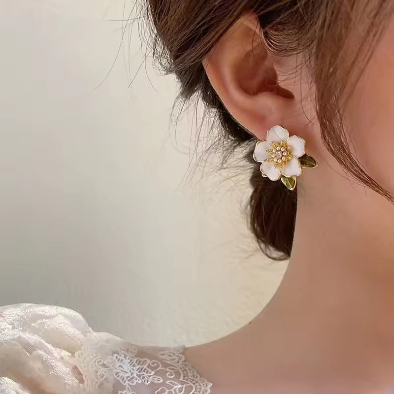 Gold Plated Camellia Stud Earrings – Elegant Enamel Flower with Small Pearl Center