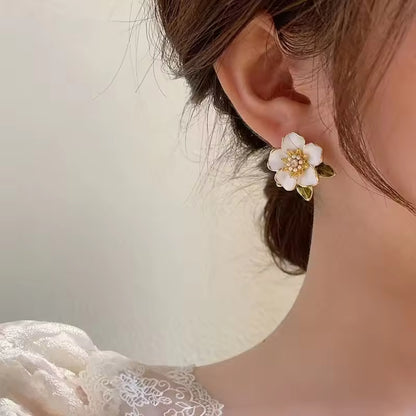Gold Plated Camellia Stud Earrings – Elegant Enamel Flower with Small Pearl Center
