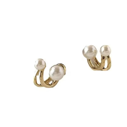 Korean Claw Ear Hook Clip Earrings – Elegant Gold-Toned Design with Dual Big Pearls for Women